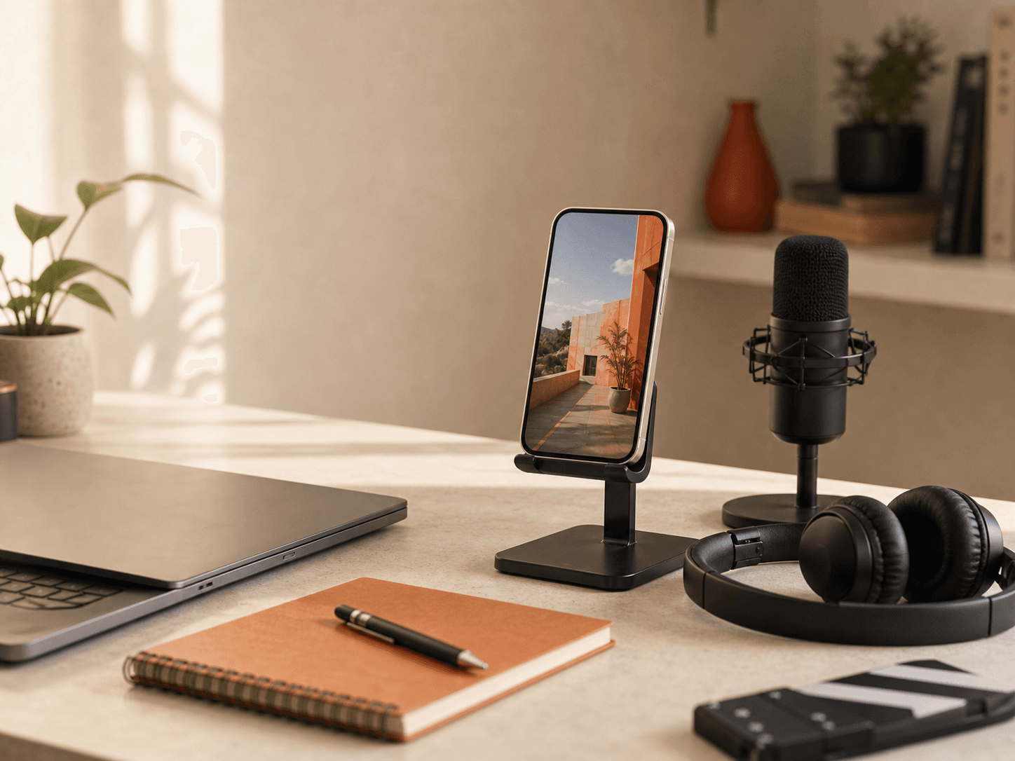 Video localization desk with phone, microphone, laptop, and headphones